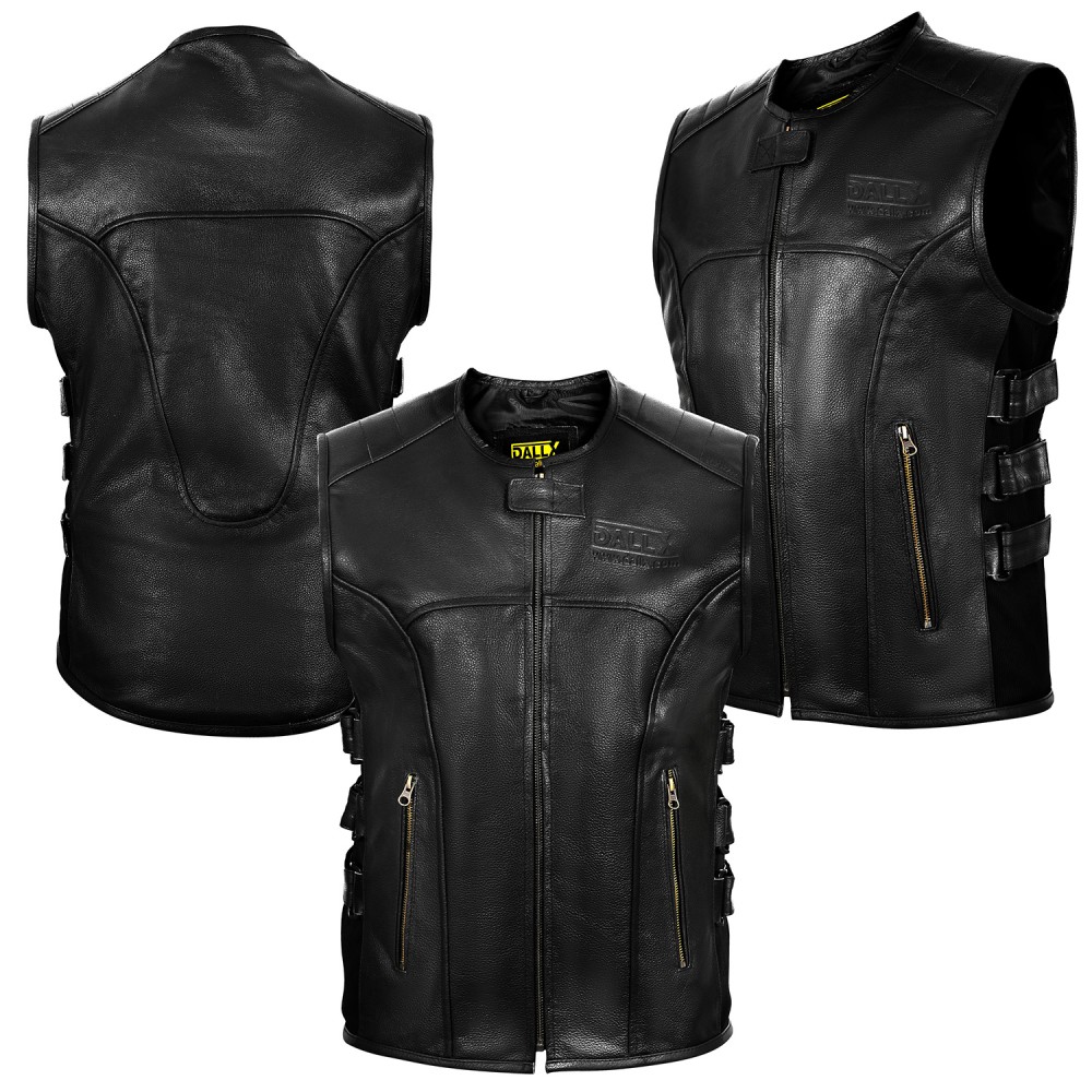 DALLX Armor Biker Motorcycle Leather Vest for Men with Strap Side Adjustable